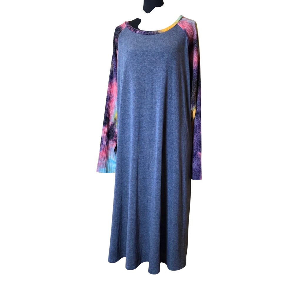 Lounge Dress Long Sleeve Gray Tie Dye Accents Casual Comfy Dress 4XL
